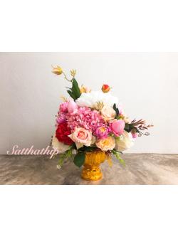 พานดอกไม้ผ้าสีชมพูผสม - แจกันดอกไม้ผ้าสีชมพูผสม - พานดอกไม้ผ้า - ดอกไม้ผ้า - Fabric flower I Artificial flower