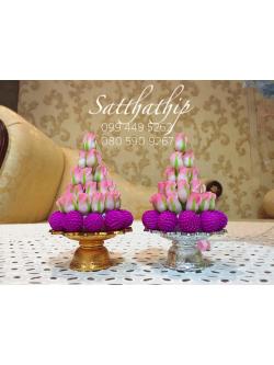 พานพุ่มดอกกุหลาบผสมดอกบานไม่รู้โรย ประดิษฐ์จากดิน [3 นิ้ว 650 บาท/คู่]