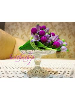 ชุดกรวยดอกบานไม่รู้โรยผสมดอกรัก ประดิษฐ์จากดิน พร้อมพานแก้ว - ดอกบานไม่รู้โรย - ดอกรัก