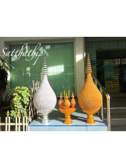 พานพุ่ม - พานพุ่มเงินทอง ผ้าตาด ประดับคริสตัล - Phan bush