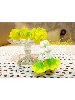 ชุดพวงมาลัยดอกดาวเรือง ประดิษฐ์จากดิน พร้อมพานแก้ว - Marigold garland - Marigold mala