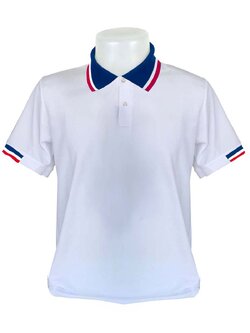 เสื้อโปโลสีขาว ปกสีน้ำเงินลายธงชาติ พรีออเดอร์