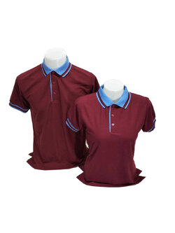 เสื้อโปโล สีเลือดหมู TC แขนจั๊ม ปกสีฟ้าครามลายเส้นสีเลือดหมู