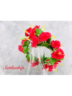 ดอกชบา - พวงมาลัยดอกชบา สีแดง ประดิษฐ์จากดิน/พวงมาลัยถวายพระพิฆเนศ-พระแม่ - Garland