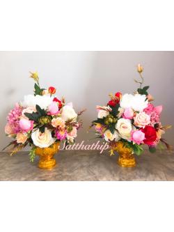 พานดอกไม้ผ้าสีชมพูผสม - แจกันดอกไม้ผ้าสีชมพูผสม - พานดอกไม้ผ้า - ดอกไม้ผ้า - Fabric flower I Artificial flower