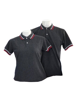 เสื้อโปโลสีดำลาย ปกดำแต่งลายเส้นขาวแดง แขนจัีมครึ่งเดียว ราคาส่ง 3 ตัวขึ้นไป