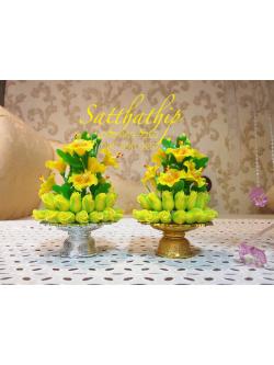 ดอกชบา - พานพุ่มดอกชบาผสมดอกกุหลาบสีเหลือง ประดิษฐ์จากดิน - Phan bush