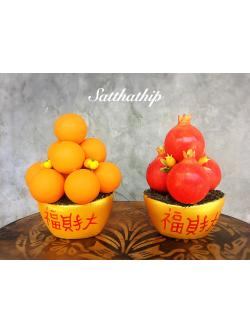 ชุดกระถางก้อนทองส้มผสมฟักเงิน,ฟักทอง และทับทิมประดิษฐ์จากดิน ผลไม้มงคล ประดิษฐ์จากดิน กระถางก้อนทอง *ตัวหนังสือจีน แปลว่า ร่ำรวย โชคลาภ