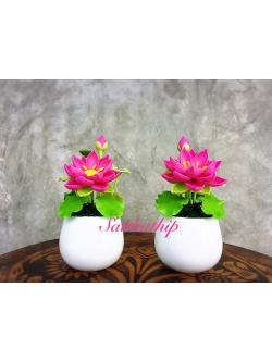 แจกันดอกบัว - ดอกบัวประดิษฐ์ - แจกันดอกบัวหลวงสีชมพู (ข้างละ 1 ดอก) ประดิษฐ์จากดิน - แจกันดอกบัวประดิษฐ์ - Lotus Flower