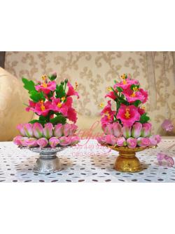 ดอกชบา - พานพุ่มดอกชบาสีชมพูผสมดอกกุหลาบสีชมพู ประดิษฐ์จากดิน - Phan bush