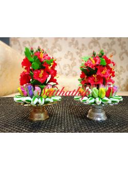 ดอกชบา - พานพุ่มดอกชบาหลากสีผสมดอกกุหลาบหลากสี ประดิษฐ์จากดิน - Phan bush