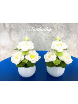 แจกันดอกบัว - ดอกบัวประดิษฐ์ - แจกันดอกบัวหลวงสีขาว (ข้างละ 3 ดอก) ประดิษฐ์จากดิน - แจกันดอกบัวประดิษฐ์ - Lotus Flower