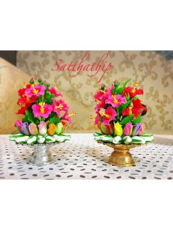 ดอกชบา - พานพุ่มดอกชบาหลากสีผสมดอกกุหลาบหลากสี ประดิษฐ์จากดิน - Phan bush