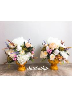 พานดอกไม้ผ้าสีขาวผสม - แจกันดอกไม้ผ้าสีขาวผสม - พานดอกไม้ผ้า - ดอกไม้ผ้า - Fabric flower I Artificial flower