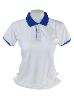 เสื้อโปโลสีขาว ปกสีน้ำเงินโทนฟ้าทอขลิบลาย 2 เส้นสีขาว พรีออเดอร์