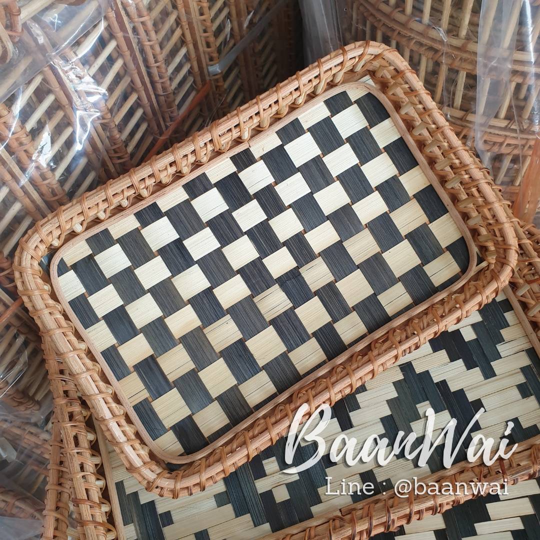 ถาดหวายสาน (พื้นขาว-ดำ) ถาดหวาย ถาดเสิร์ฟอาหาร ทรงสี่เหลี่ยมผืนผ้า