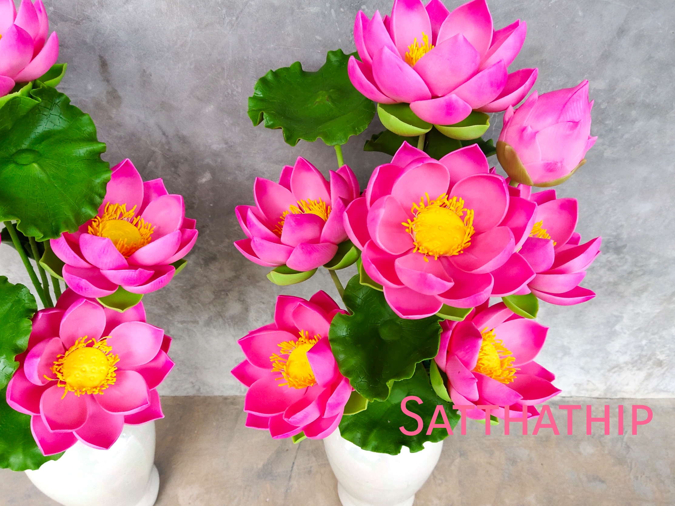 แจกันดอกบัว - ดอกบัวประดิษฐ์ - แจกันดอกบัวหลวงสีชมพู (ข้างละ 6 ดอก) ประดิษฐ์จากดิน - แจกันดอกบัวประดิษฐ์ - Lotus Flower