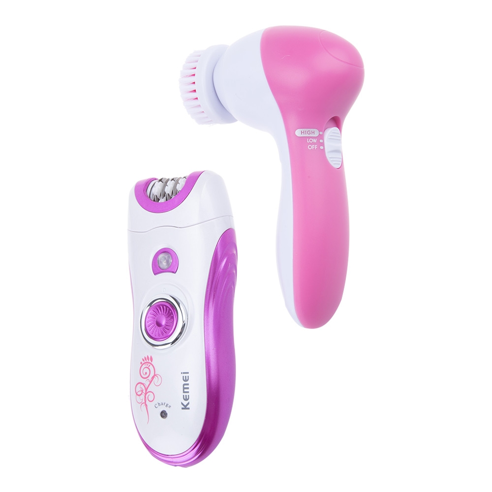 Kemei เครื่องถอนขน 6 in 1 โกนขน นวดหน้า ขัดหน้า ชุดใหญ่ KM-3066 เปลี่ยนได้ 3 หัว มอเตอร์ Pd อัลลอยด์ ใช้งานต่อเนื่อง 40 นาที ถอดล้างหัวได้ แถมฟรี!! ฟองน้ำทำความสะอาด - สีชมพู