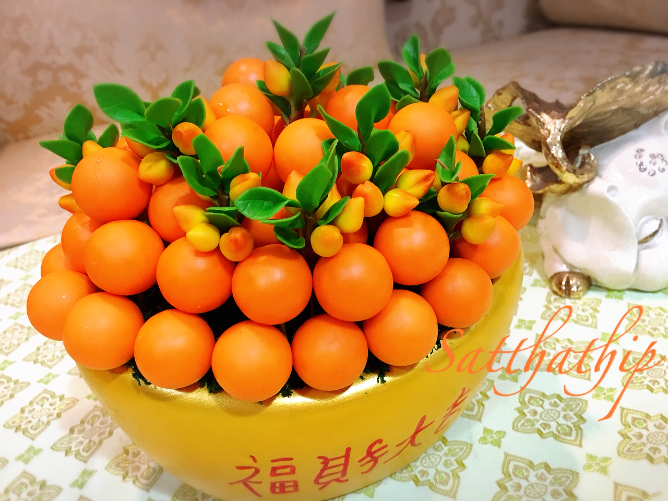 ส้ม ประดิษฐ์จากดิน กระถางก้อนทอง - ผลไม้มงคล ประดิษฐ์จากดิน กระถางก้อนทอง