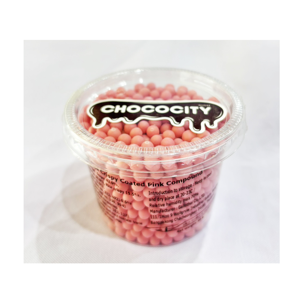 Small Rice Crispy Coated Pink Compound 80 g. ช็อคโกแลตข้าวพองสีชมพูสำหรับตกแต่งขนม (05-5826)