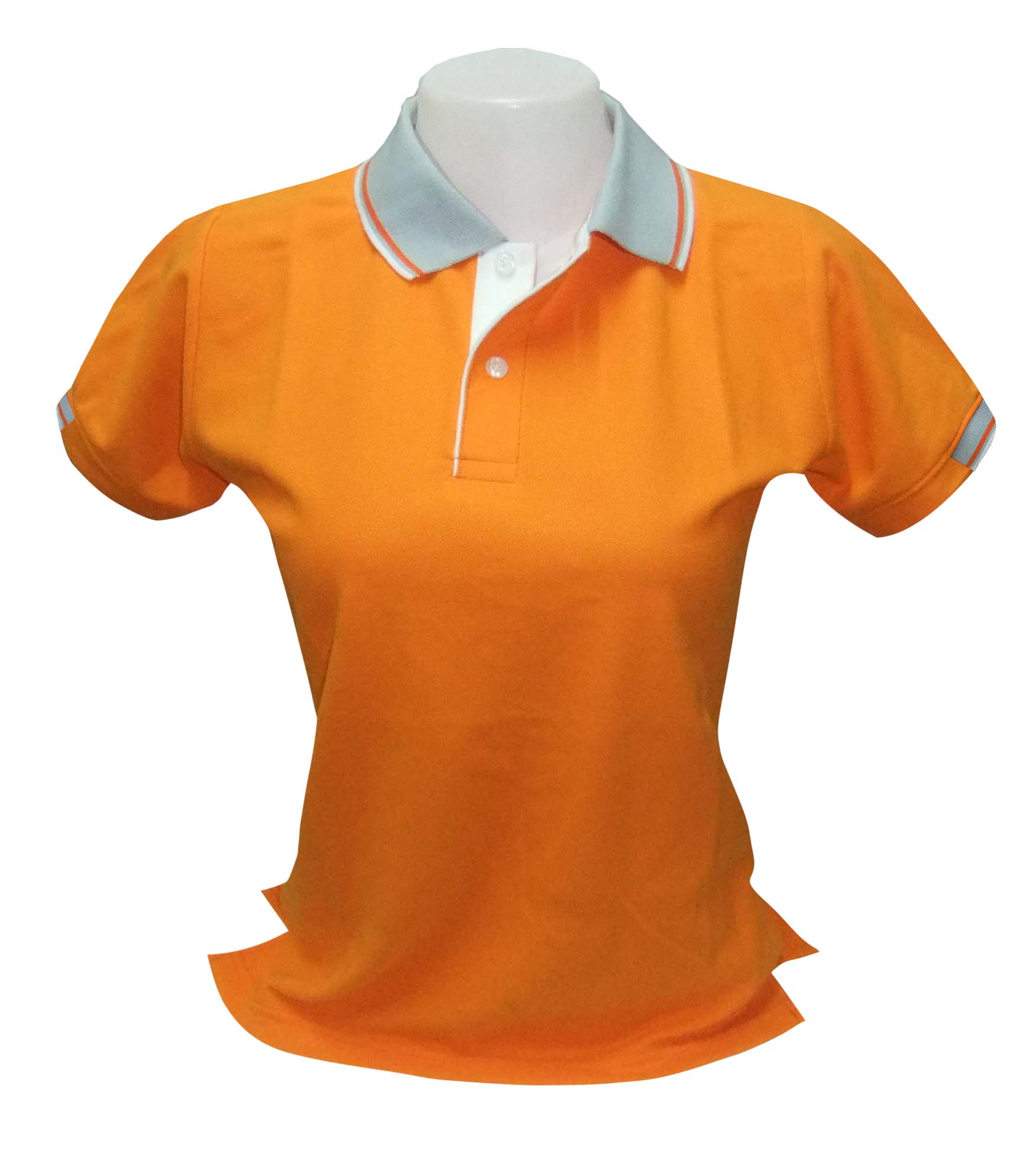 เสื้อโปโลหญิงสีส้ม ปกสีเทาทอลายเส้นสีส้ม สีขาว สไตล์วินเทจ