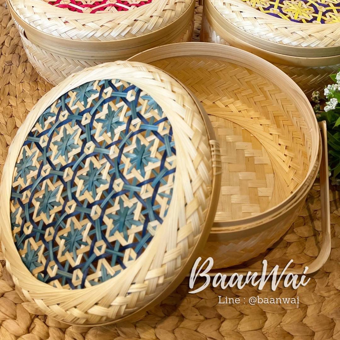 กล่องไม้ไผ่สาน ทรงกลม หูพับ