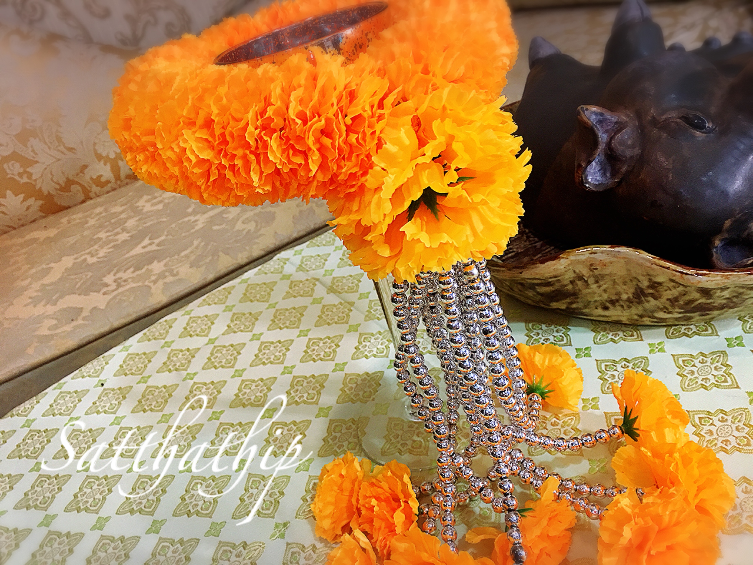 พวงมาลัยผ้า - พวงมาลัยดอกดาวเรือง ประดิษฐ์ - พวงมาลัยถวายศาลพระภูมิ - Fabric garland