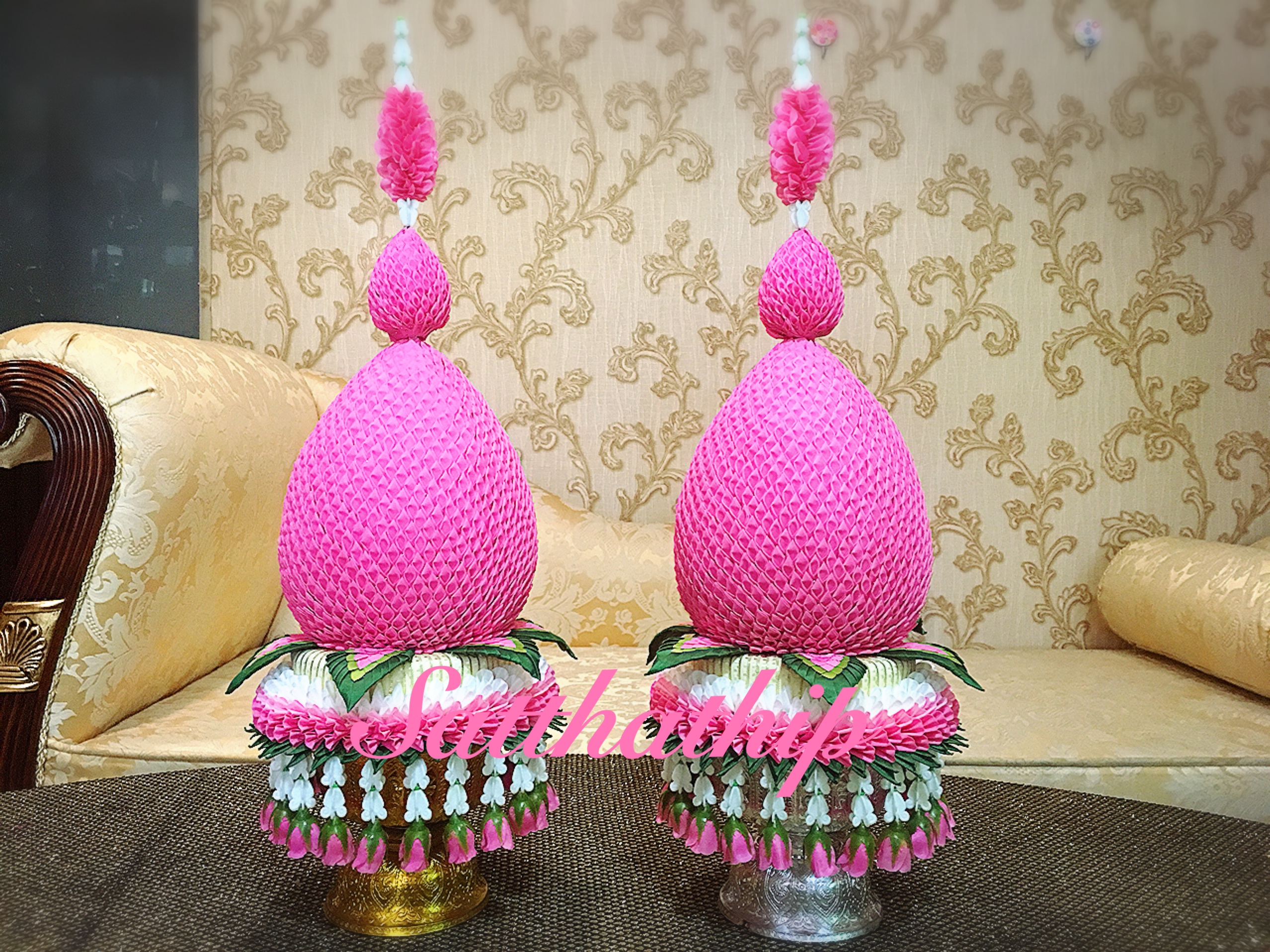 พานพุ่มผ้า สีชมพู - พานพุ่ม สีชมพู - พานพุ่มสักการะ สีชมพู - Phan bush