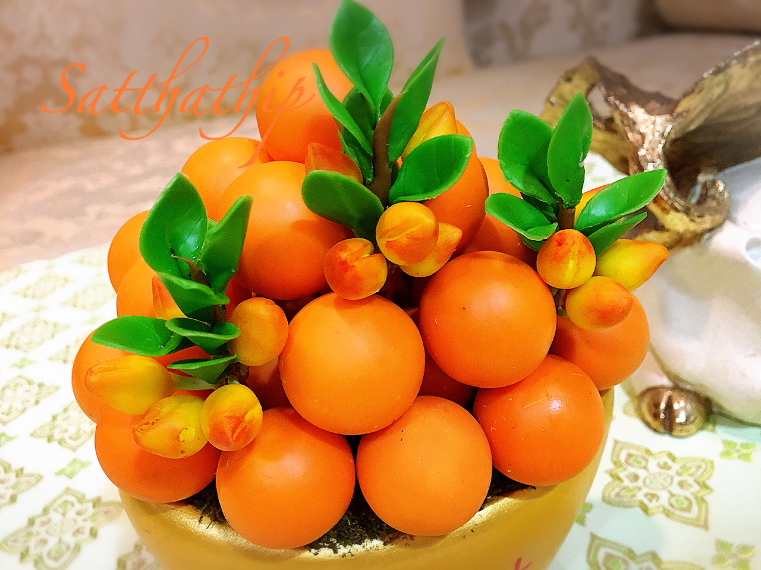 ส้ม ประดิษฐ์จากดิน กระถางก้อนทอง - ผลไม้มงคล ประดิษฐ์จากดิน กระถางก้อนทอง