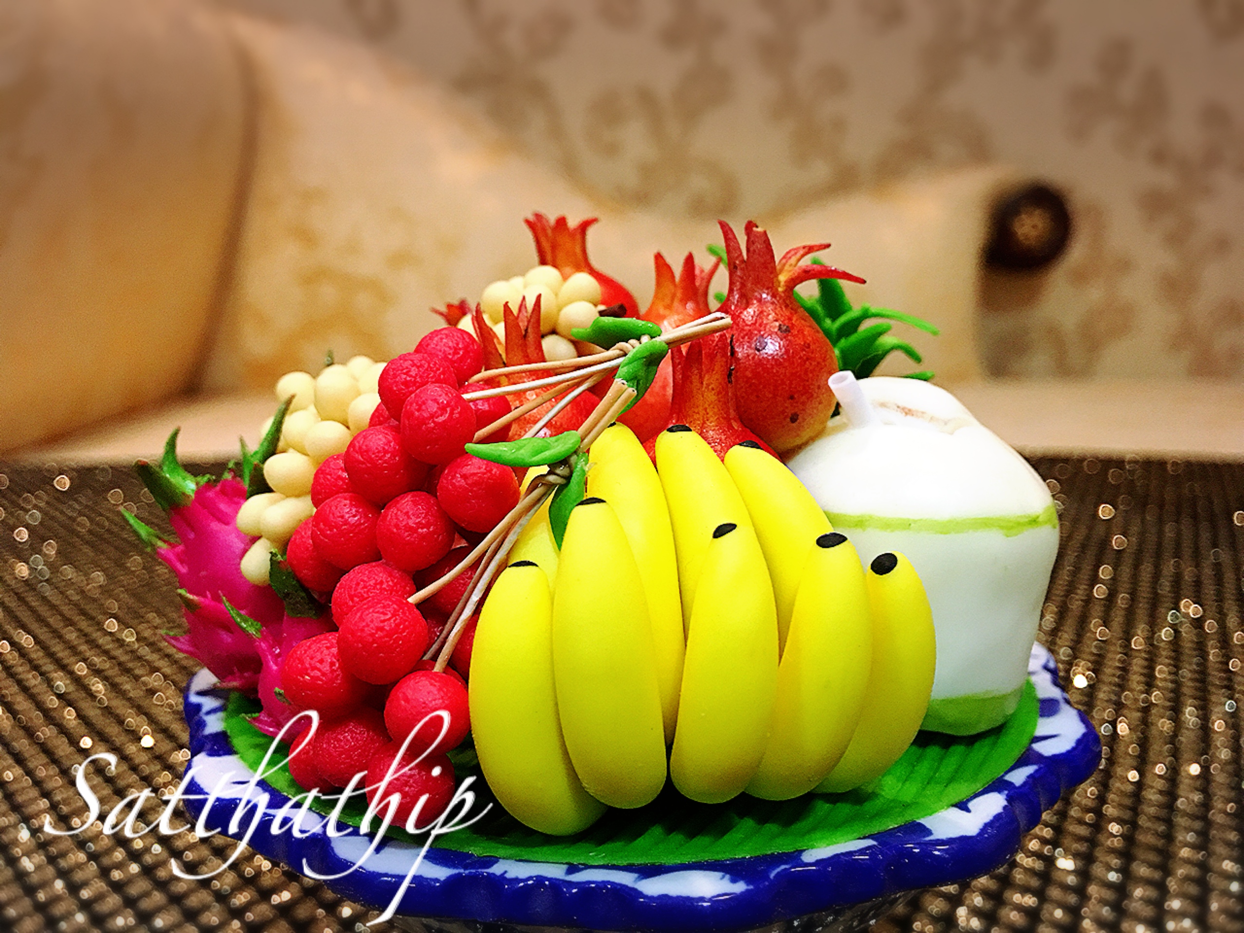 พานผลไม้ (9 อย่าง) ประดิษฐ์จากดิน - ผลไม้จิ๋ว - ผลไม้มงคล