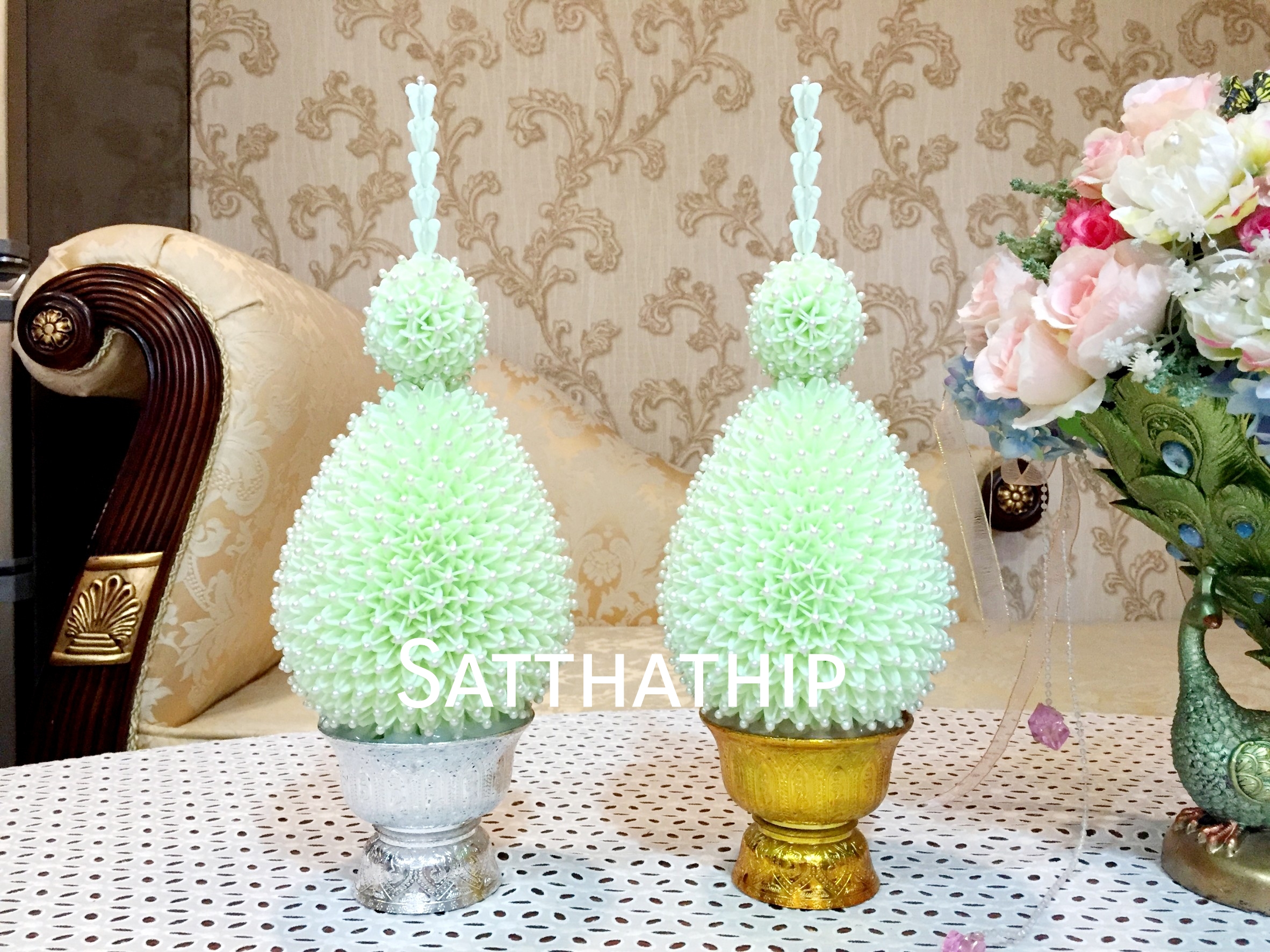 พานพุ่ม - พานพุ่มสักการะ - พานพุ่มดอกรัก - พานพุ่มดอกรักประดิษฐ์ (พลาสติก) - พานพุ่มสีเขียว - Panpum