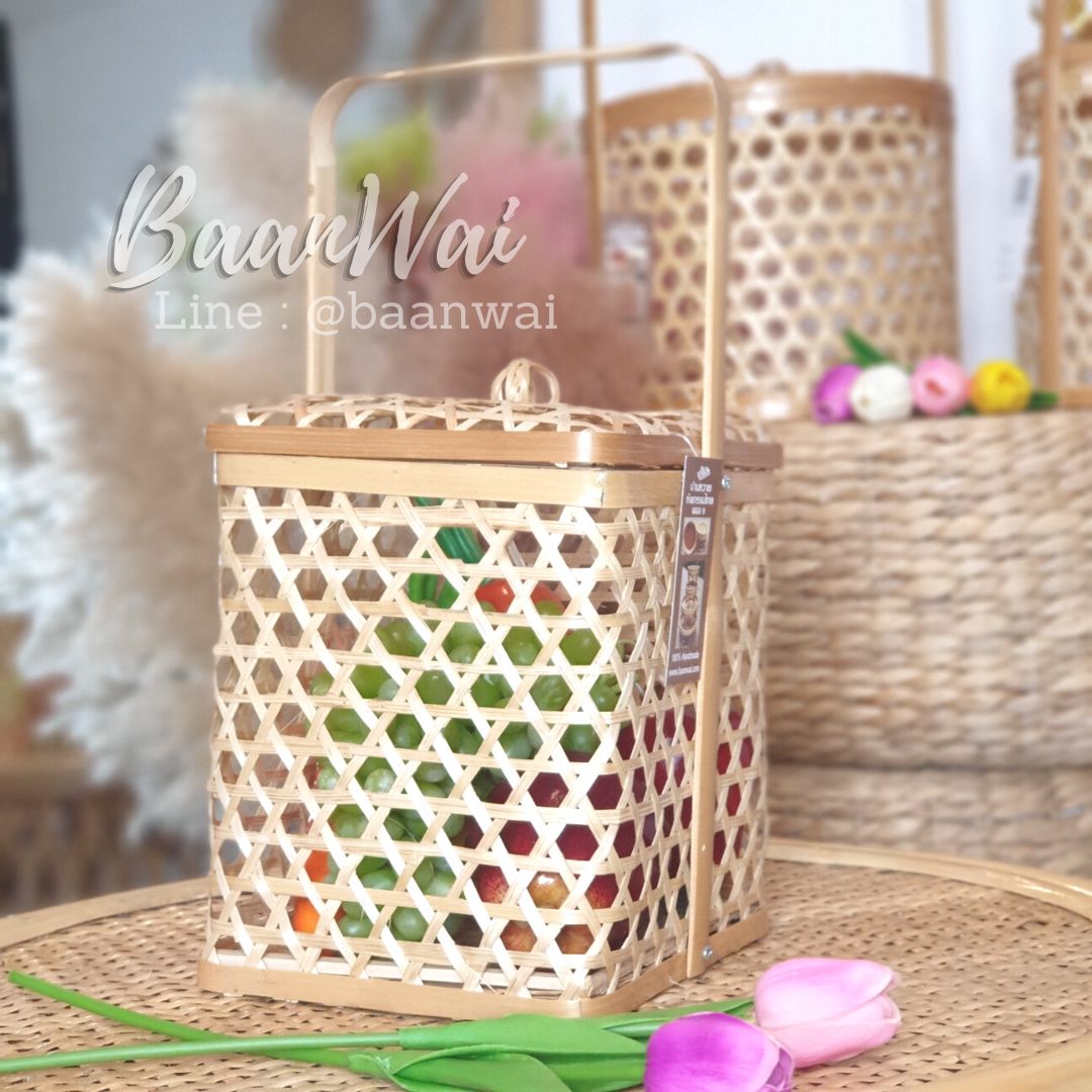 ปิ่นโตไม้ไผ่ ปิ่นโตชะลอม ทรงเหลี่ยม ขนาด 7*8 นิ้ว