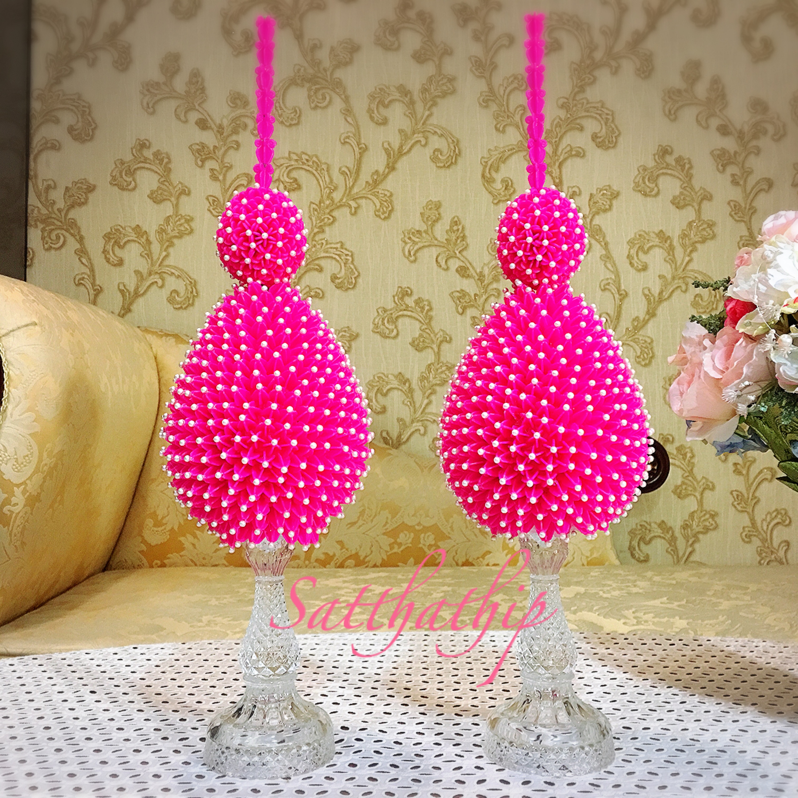 พานพุ่ม [5.5"] - พานพุ่มสักการะ - พานพุ่มดอกรัก - พานพุ่มดอกรักประดิษฐ์ (พลาสติก) - พานพุ่มสีชมพู