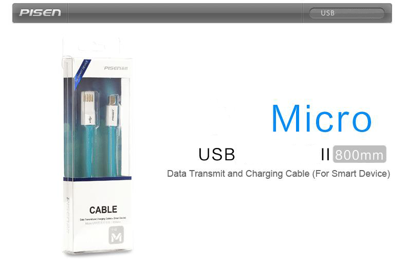 PISEN สายชาร์จ Micro USB Noodle Data Transmit and Charging Cable ยาว 800 mm อุปกรณ์สำหรับรีชาร์จและซิงค์เพื่อโอนถ่ายข้อมูลแบบ 2-in-1 USB 2.0 แรงดันสูง - สีฟ้า