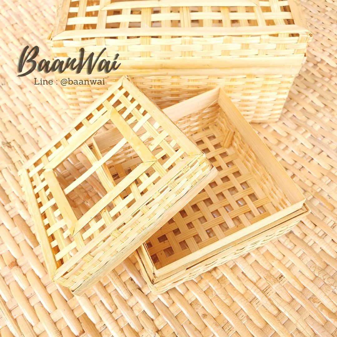 กล่องสี่เหลี่ยม 4 ช่อง กล่องไม้ไผ่ กล่องไม้ไผ่สาน กล่องทรงเหลี่ยม กล่องใส่ขนม กล่องใส่ของ