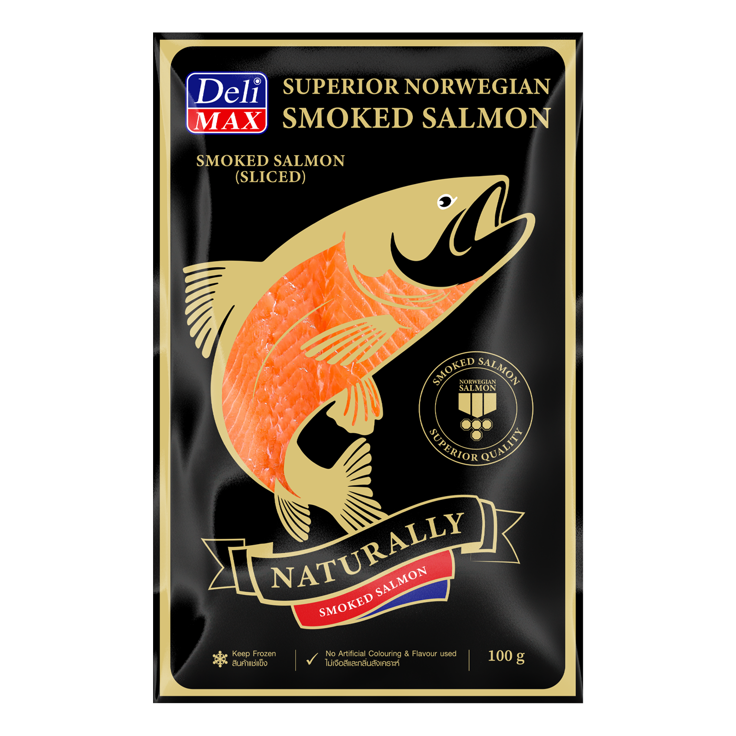 แซลมอนรมควันแบบสไลซ์ Smoked Salmon Slices DELIMAX 100 g. (Chilled) (05-8686)