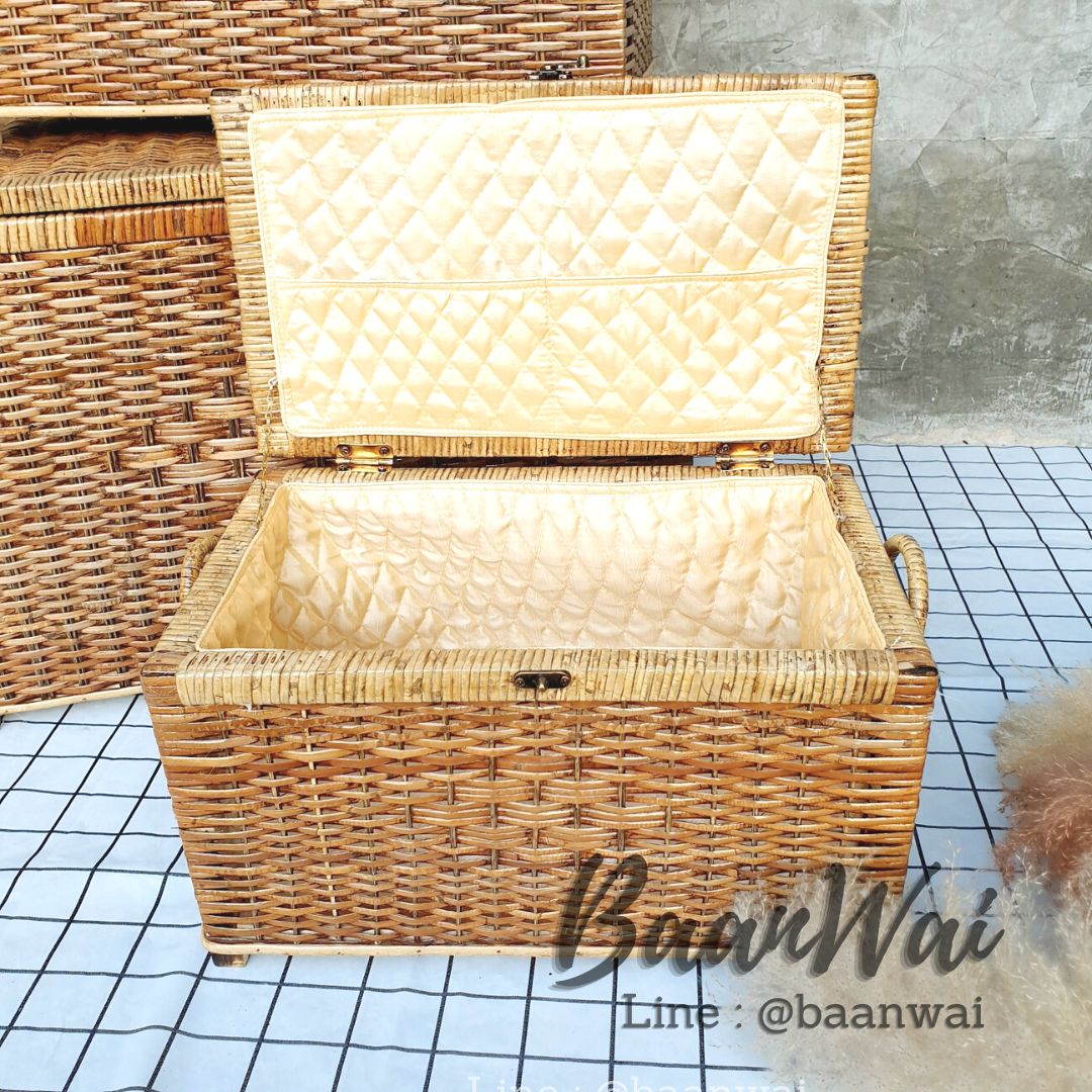 หีบหวาย หีบใส่ของ บุผ้าด้านใน ทรงเตี้ย