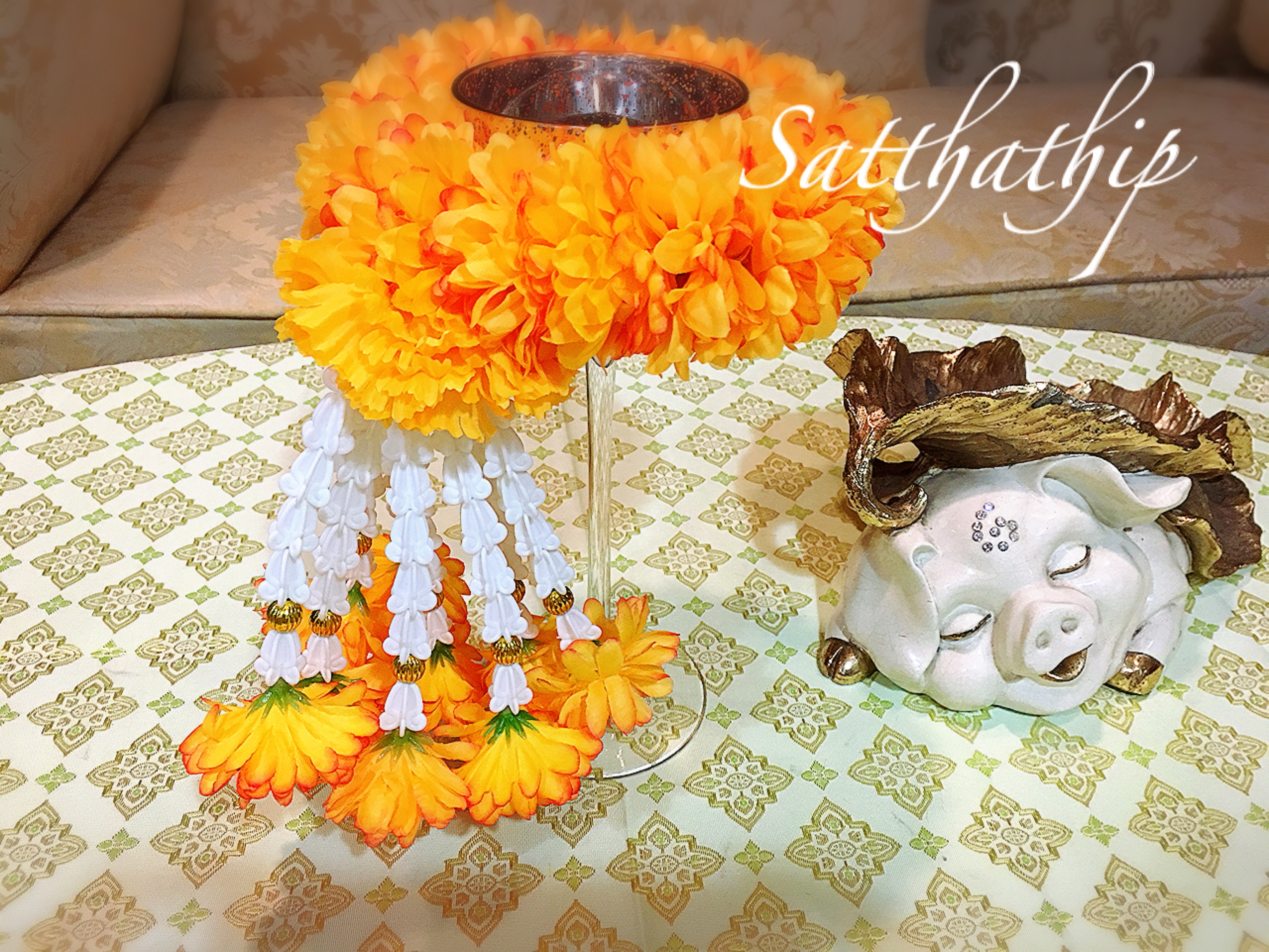 พวงมาลัยผ้า - พวงมาลัยดอกมัมผสมดอกดาวเรือง ประดิษฐ์ - พวงมาลัยถวายศาลพระภูมิ - Fabric Garland