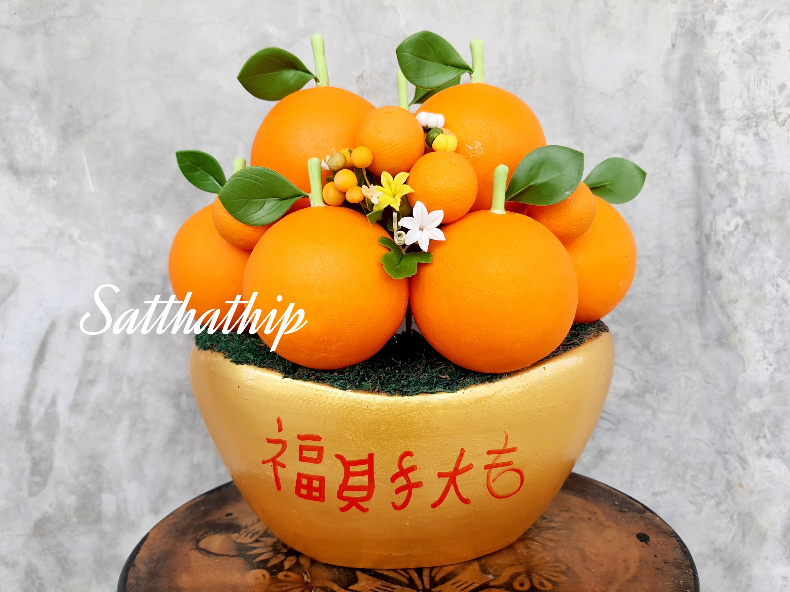 ส้มผสมฟักเงิน,ฟักทอง ประดิษฐ์จากดิน กระถางก้อนทอง/ ผลไม้มงคล ประดิษฐ์จากดิน กระถางก้อนทอง