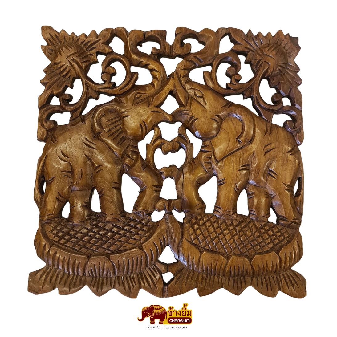 แผ่นไม้แกะสลักช้างคู่ สี่เหลี่ยม ( 12" )