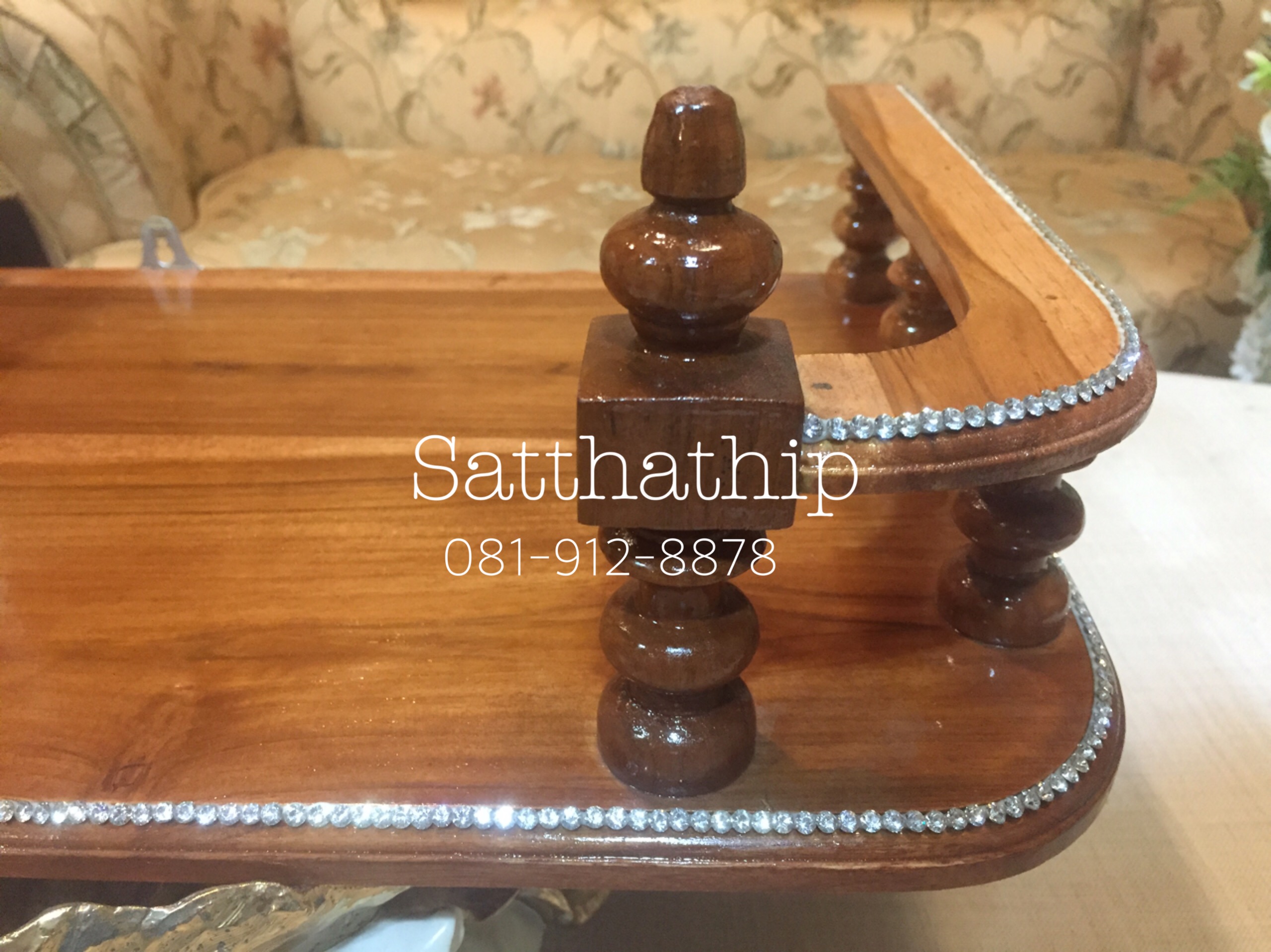 หิ้งพระ (ลายลูกกลึง) ไม้สัก ประดับคริสตัล - Buddha shelf