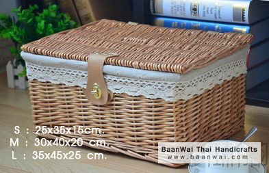 กล่องหวาย กล่องปิคนิค หีบหวาย ตะกร้าหวายบุผ้า ขนาด S : 25x35x15 cm