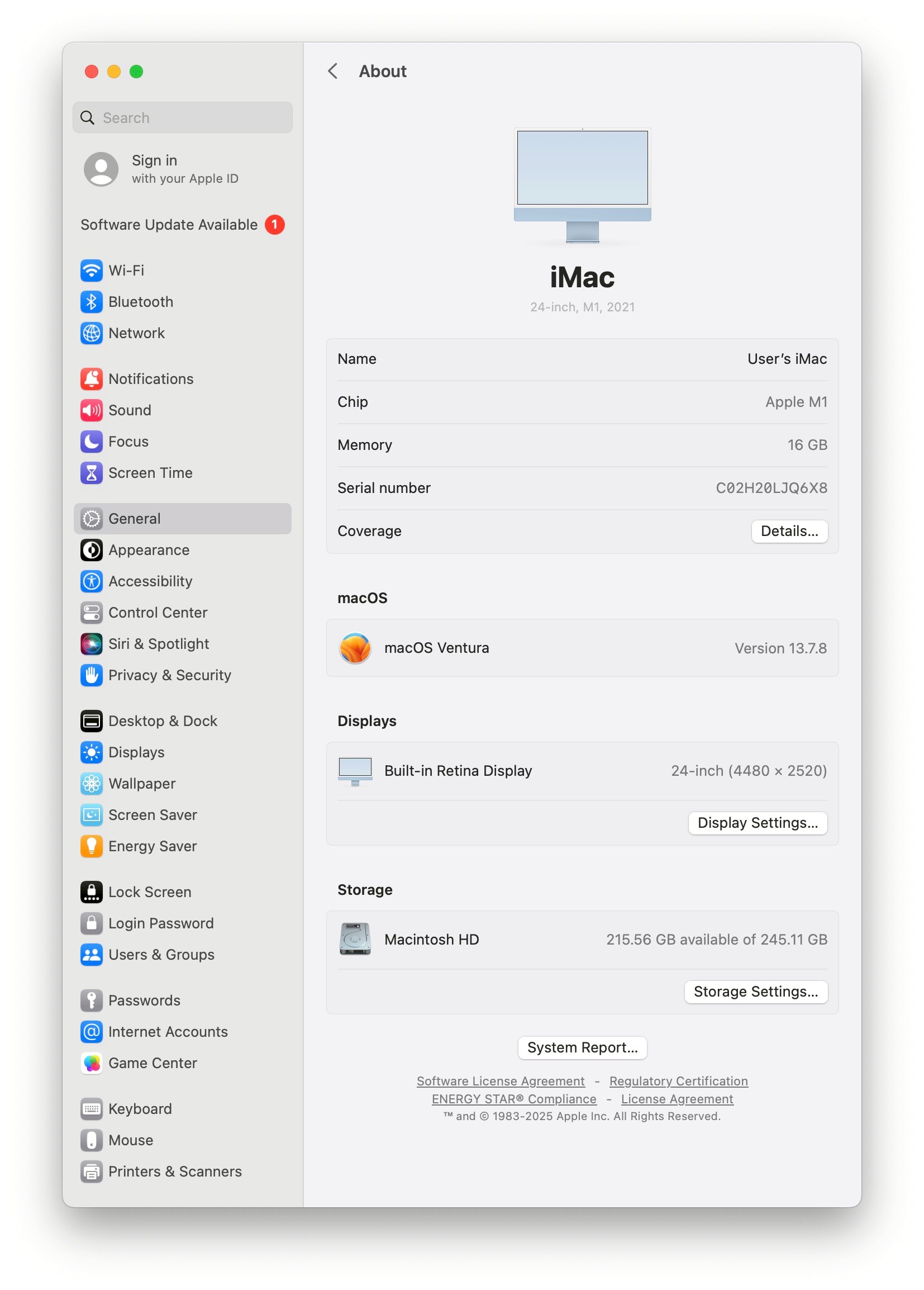 iMac (24 นิ้ว, M1, ปี 2021) 16/256GB สี Blue