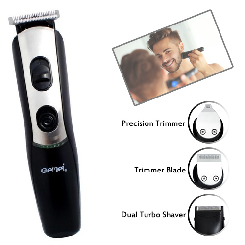 Gemei ชุดปัตตาเลี่ยนตัดแต่ง 5 in 1 เปลี่ยนหัวได้ 5 หัว GM-590 มอเตอร์ Pd Alloy ใบมีดไทเทเนี่ยม ปรับขนาด 3 ระดับ แบตเตอรี่นิเกิลแคดเมี่ยม ไฟ LED เรืองแสง หวีรองตัด 5 ชิ้น - สีดำ