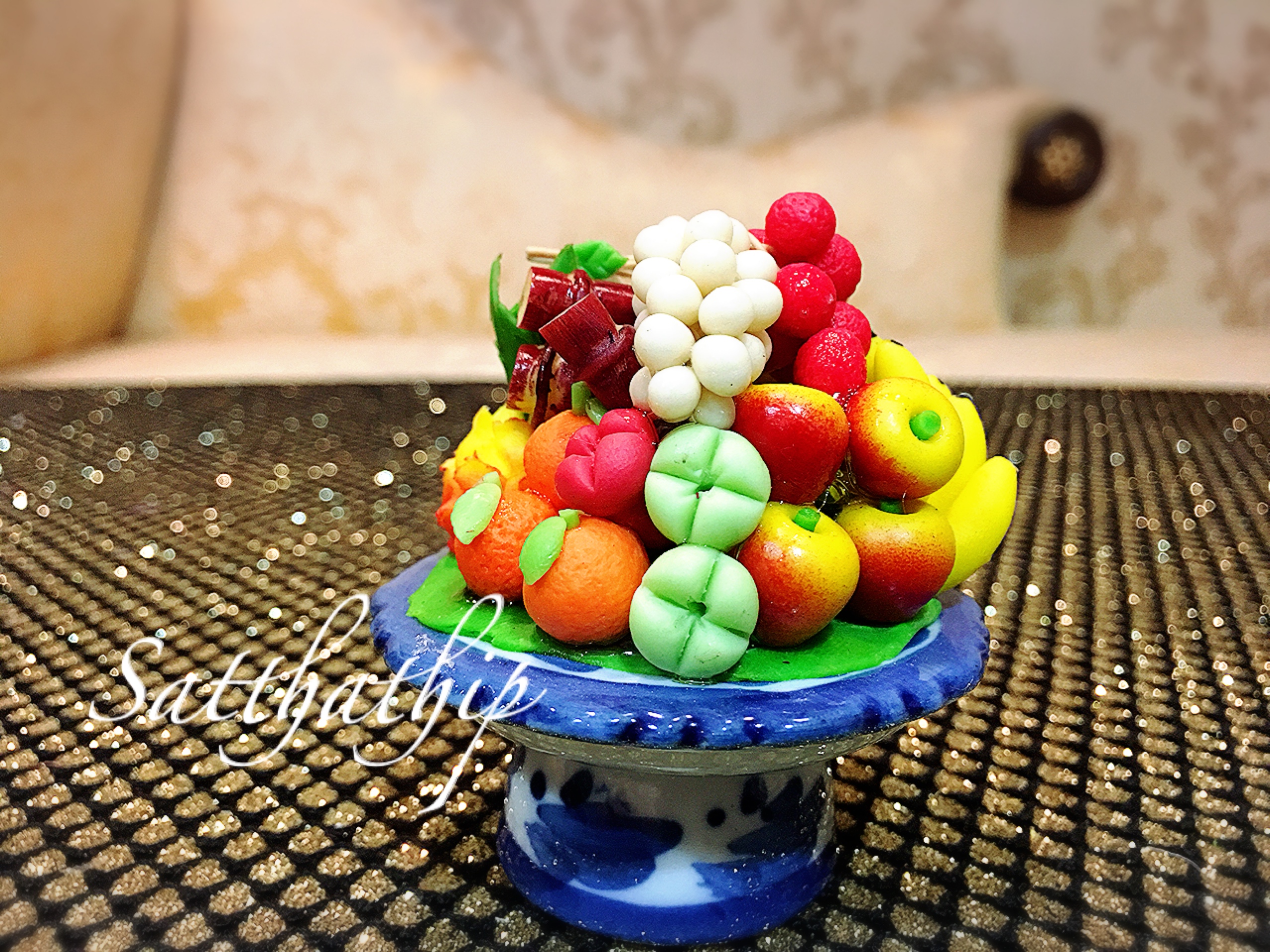 พานผลไม้ (9 อย่าง) ประดิษฐ์จากดิน - ผลไม้จิ๋ว - ผลไม้มงคล