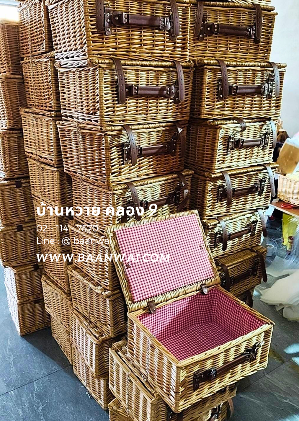 ตะกร้าปิคนิค บุผ้า ตะกร้าหวายบุผ้า ตะกร้าเก็บของ Picnic Basket