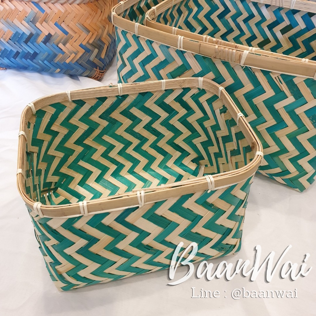 กล่องไม้ไผ่ ทรงเหลี่ยม ลายขาว-ฟ้า (ยกชุด 3 ขนาด)