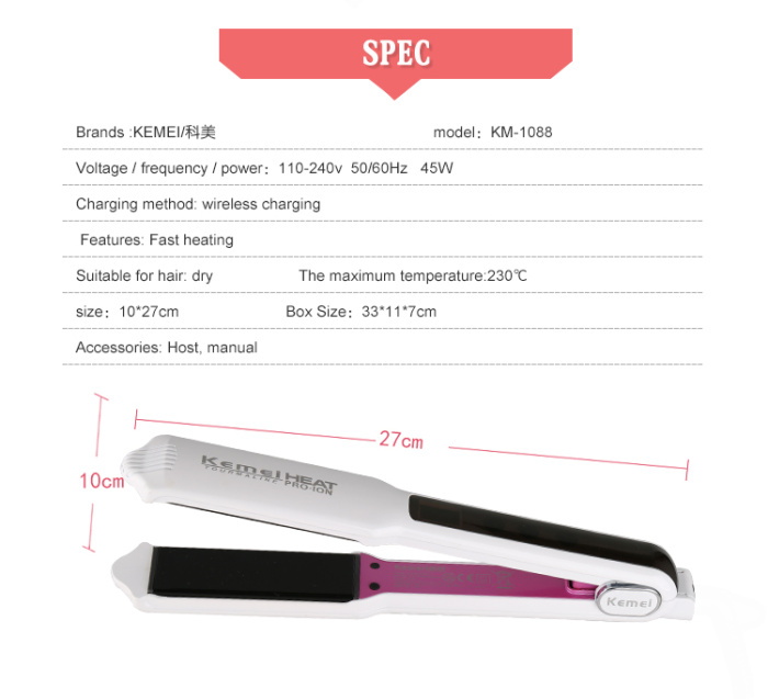 Kemei Heat Pro ION เครื่องหนีบผม ความร้อนสูง ทัวร์มาลีนเซรามิกแผ่นกว้าง KM-1088 ร้อนเร็ว ปรับอุณหภูมิดิจิตอล 150-230 องศา จอ LCD ปุ่มสัมผัส - สีขาว