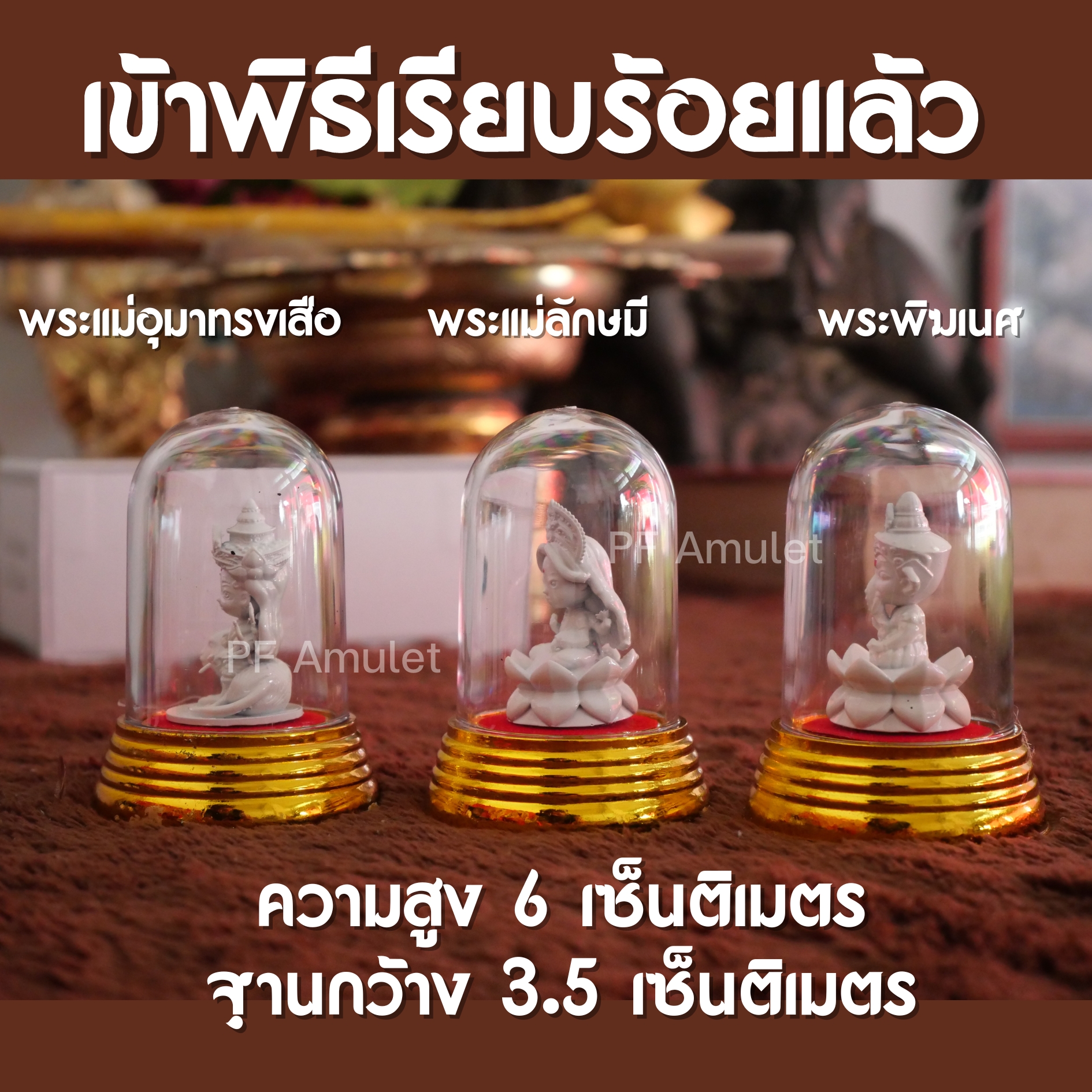 ครอบแก้วเทพฮินดู (พระแม่อุมาทรงเสือ พระแม่ลักษมี พระพิฆเนศ) ปั้นงานสวย องค์เล็ก มีบทบูชาให้