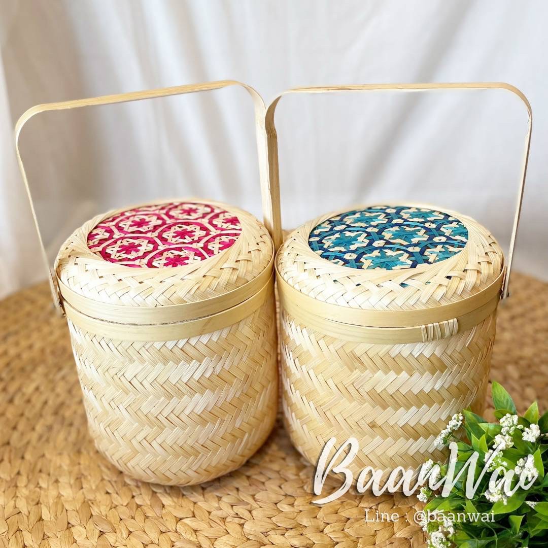 กล่องไม้ไผ่สาน ขนาด 20 cm ทรงสูง กลม หูพับ